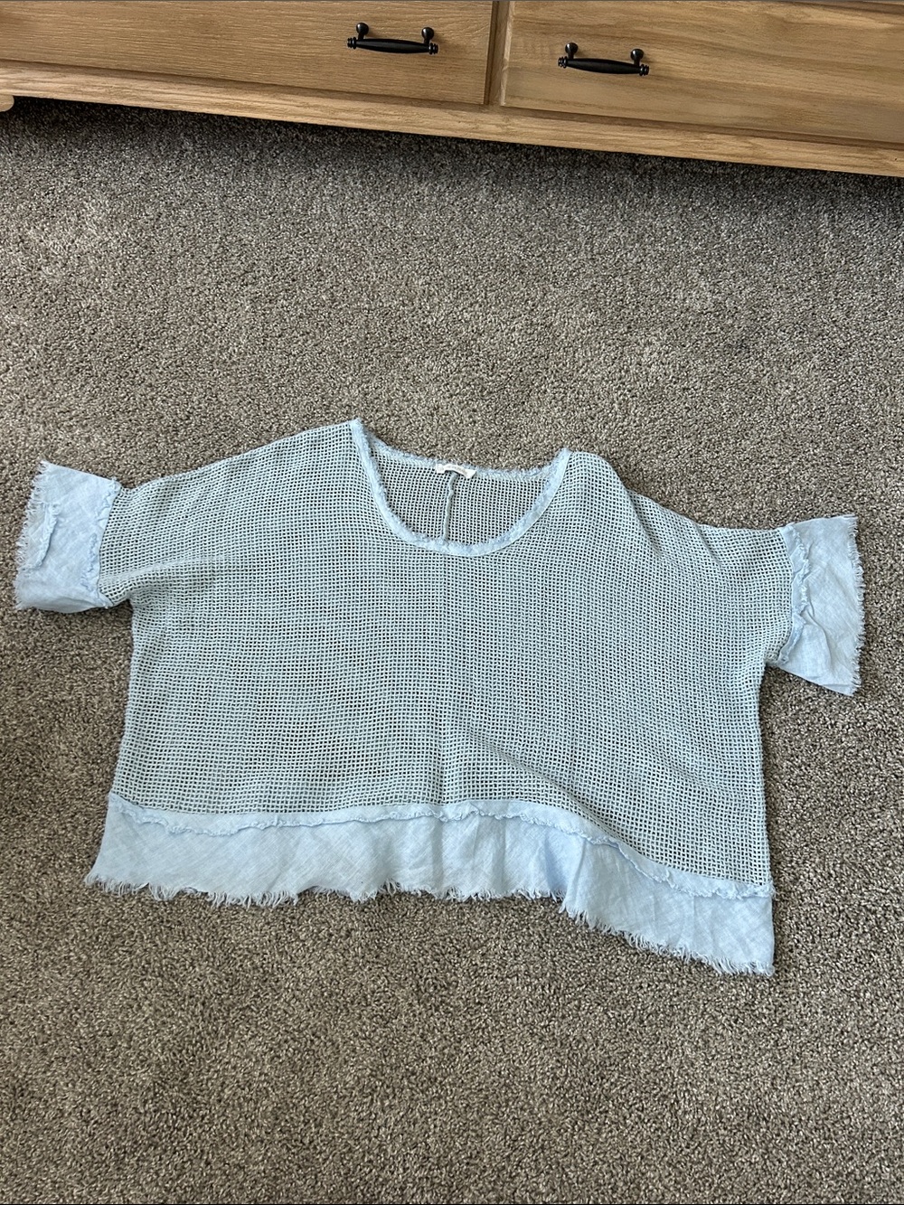 Light Blue Short Sleeve Mesh Tee with Frayed Trim
